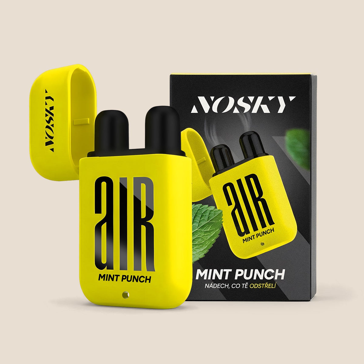 Nosní inhalátor NOSKY AIR Mint Punch s krabičkou, béžové pozadí #Vůně_Mint Punch