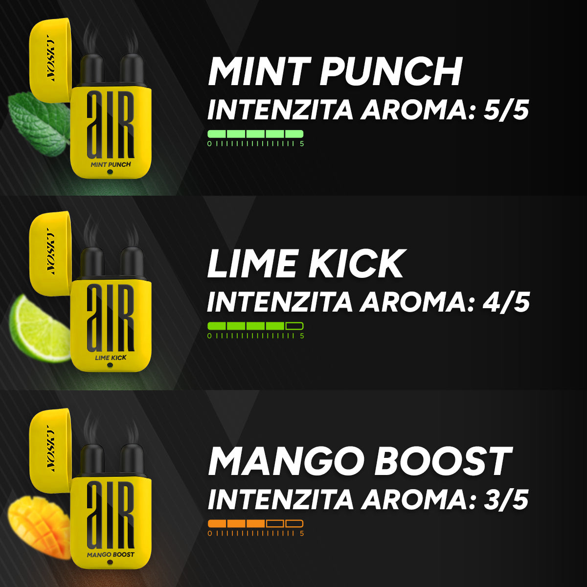 Intenzita aroma: Mint Punch 5/5, Lime Kick 4/5, Mango Boost 3/5