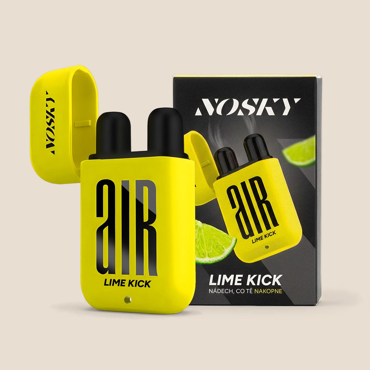 Nosní inhalátor NOSKY AIR Lime Kick s krabičkou, béžové pozadí #Vůně_Lime Kick