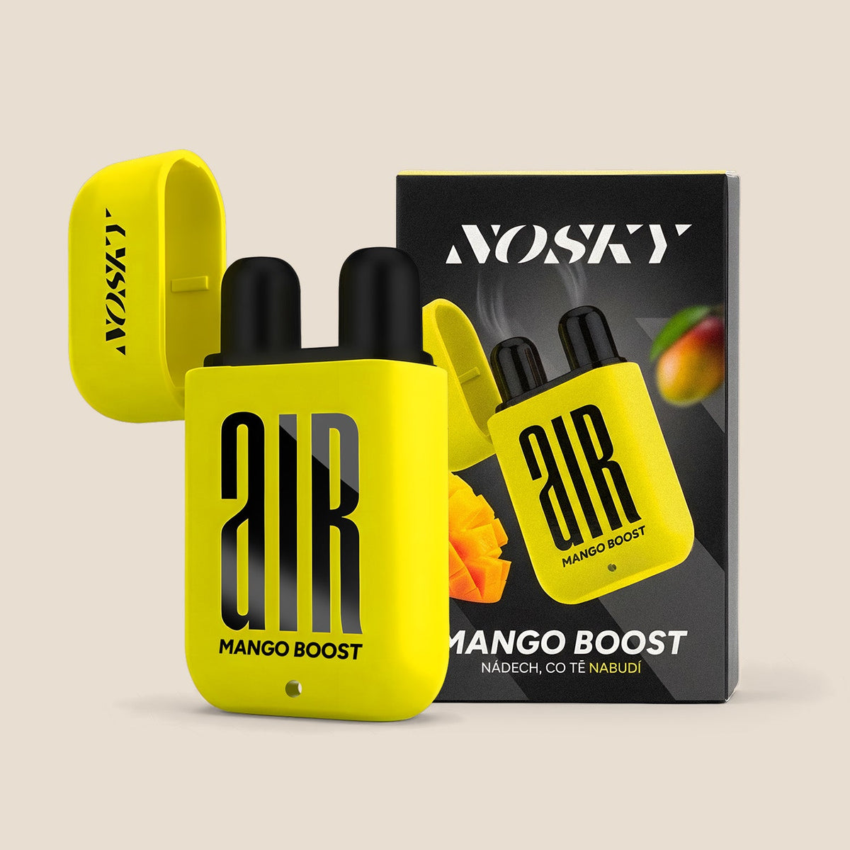 Nosní inhalátor NOSKY AIR Mango Boost s krabičkou, béžové pozadí #Vůně_Mango Boost